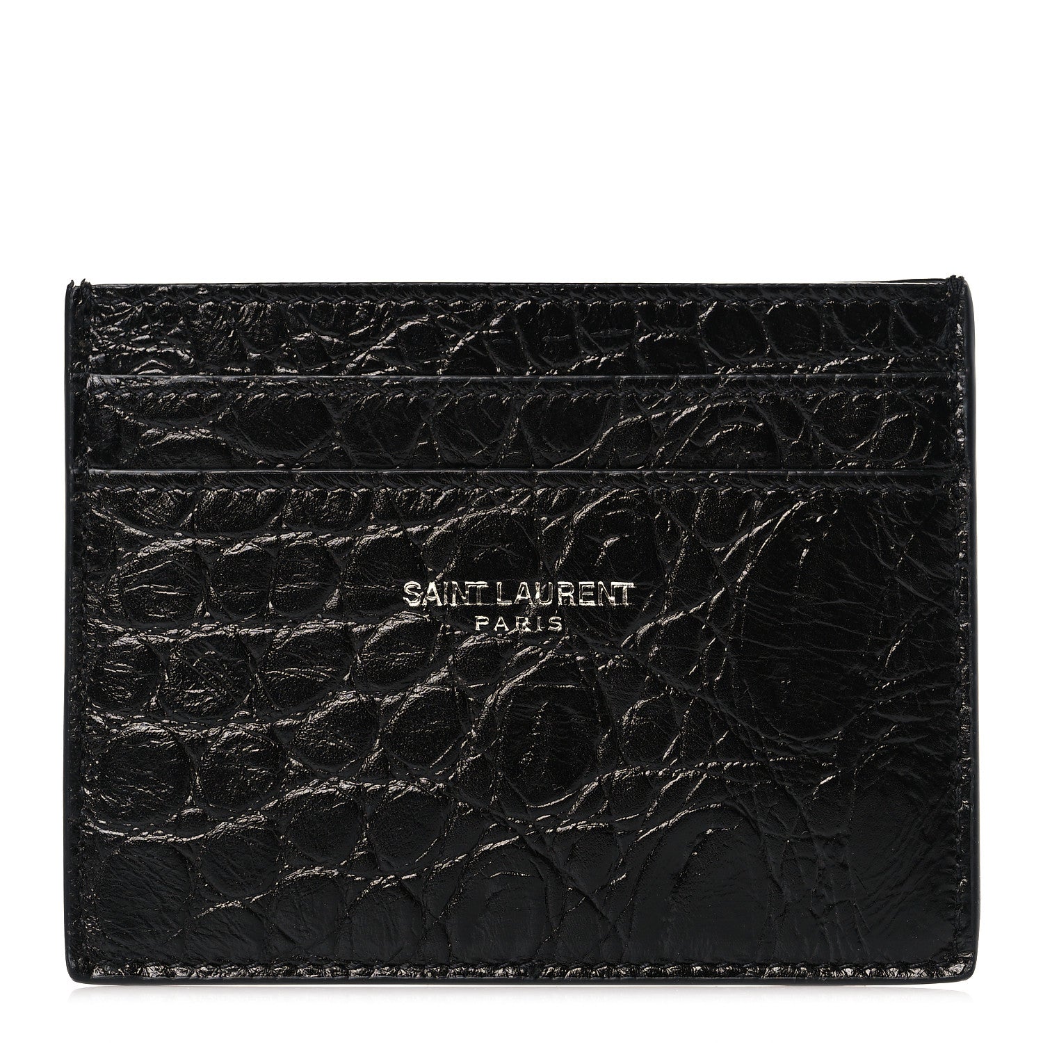Saint Laurent Calfskin Crocodile Embossed Card Case Black 1 of 6