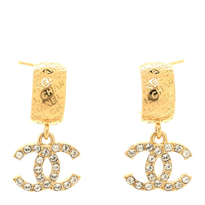 Chanel Metal Crystal CC Logo Hoop Drop Earrings Gold 1 of 5