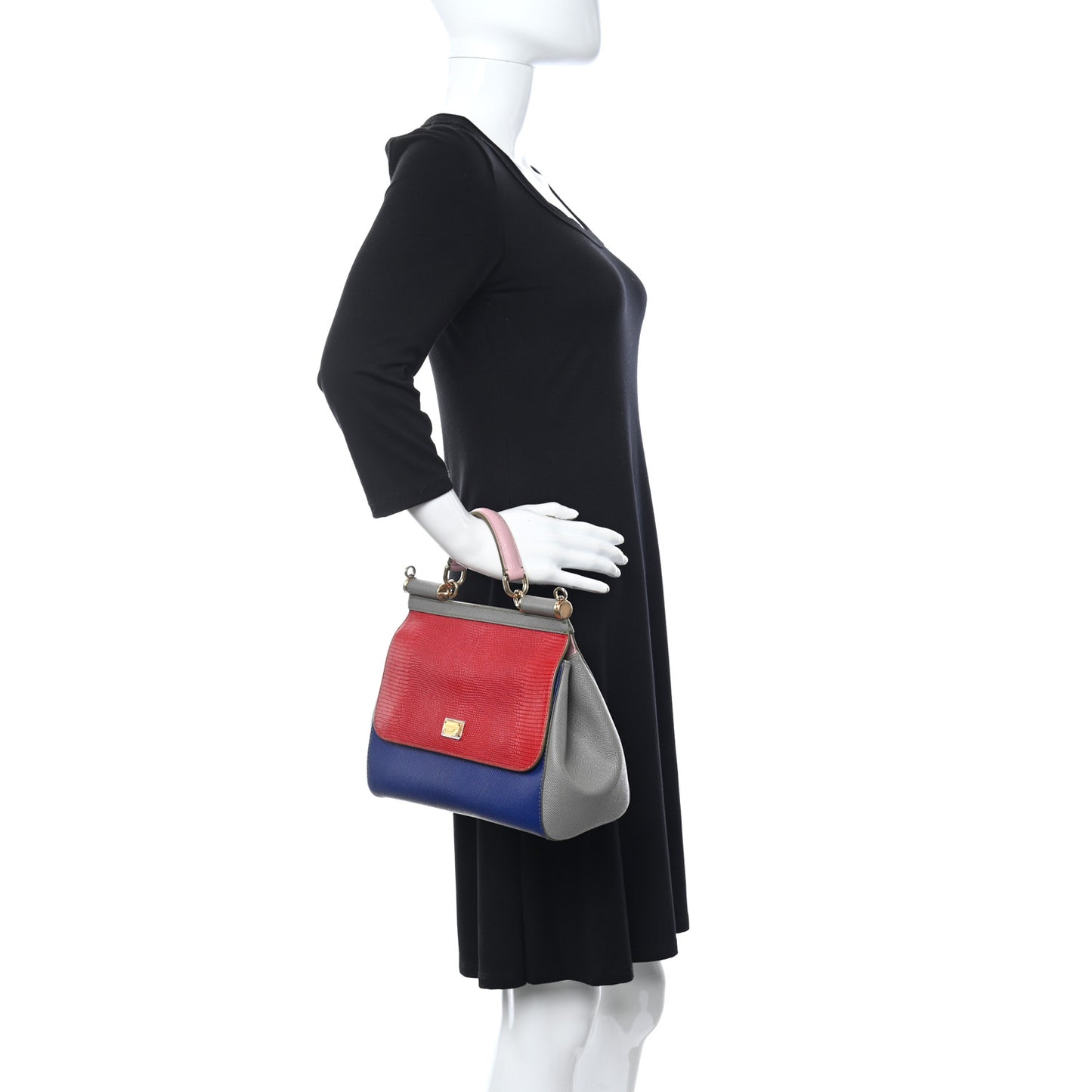Lizard Calfskin Embossed Tri-Color Medium Miss Sicily Satchel Red Blue Grey