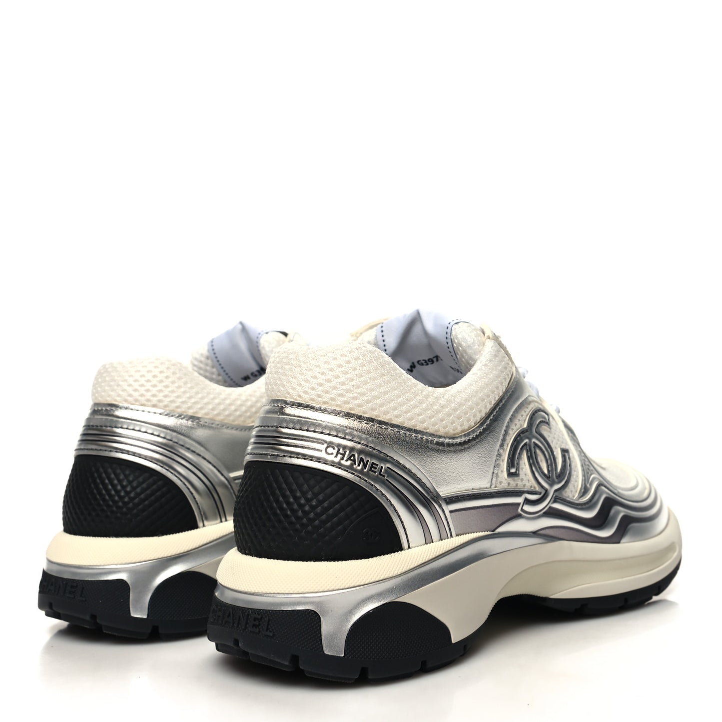 Fabric Laminated Calfskin Stretch CC Sneakers 38.5 White Silver