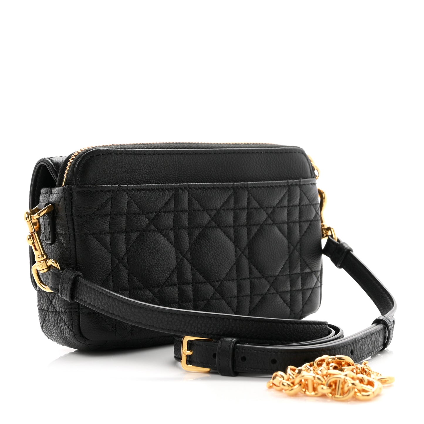 Supple Calfskin Cannage Caro Pouch With Chain  Black