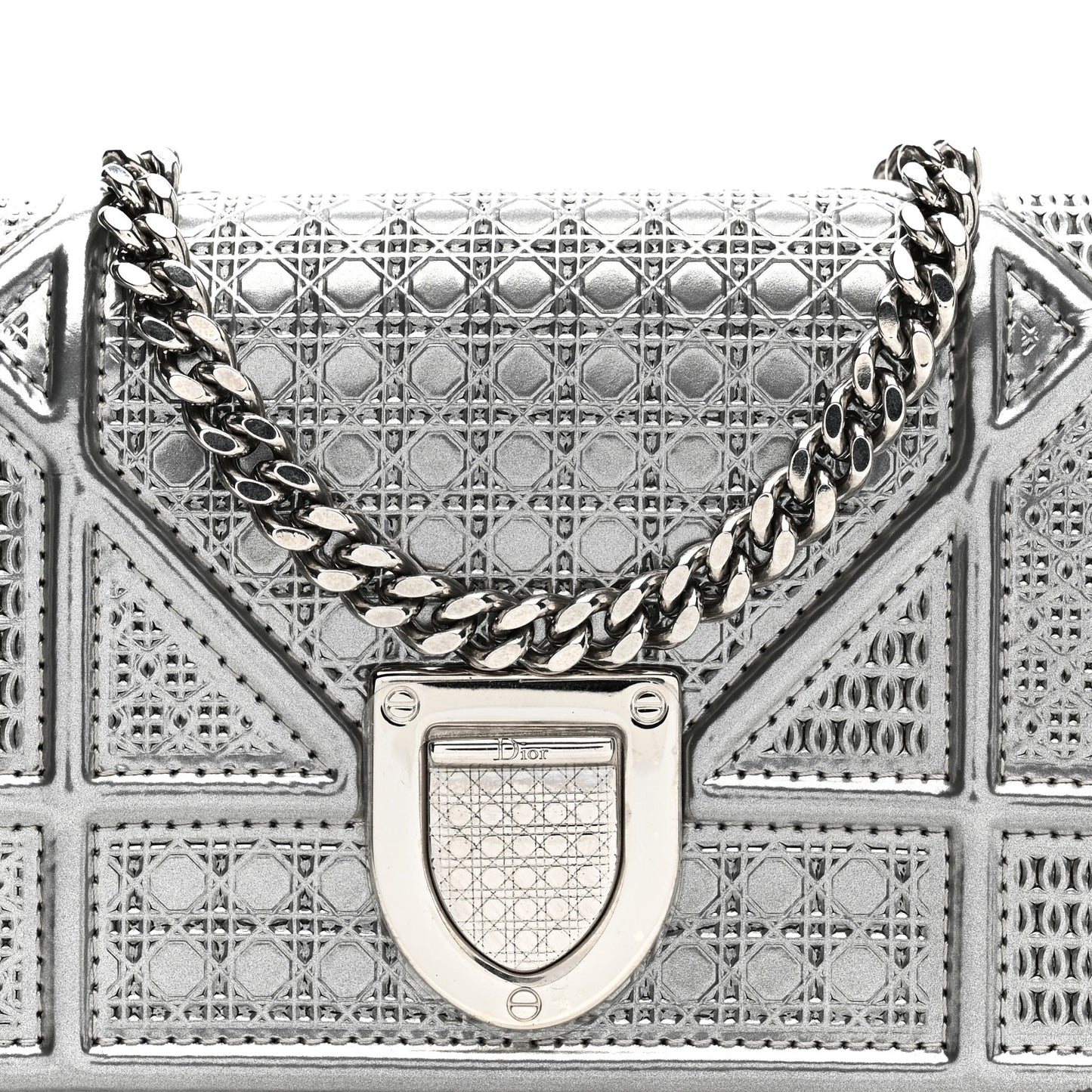 Metallic Patent Micro-Cannage Baby Diorama Flap Bag Silver