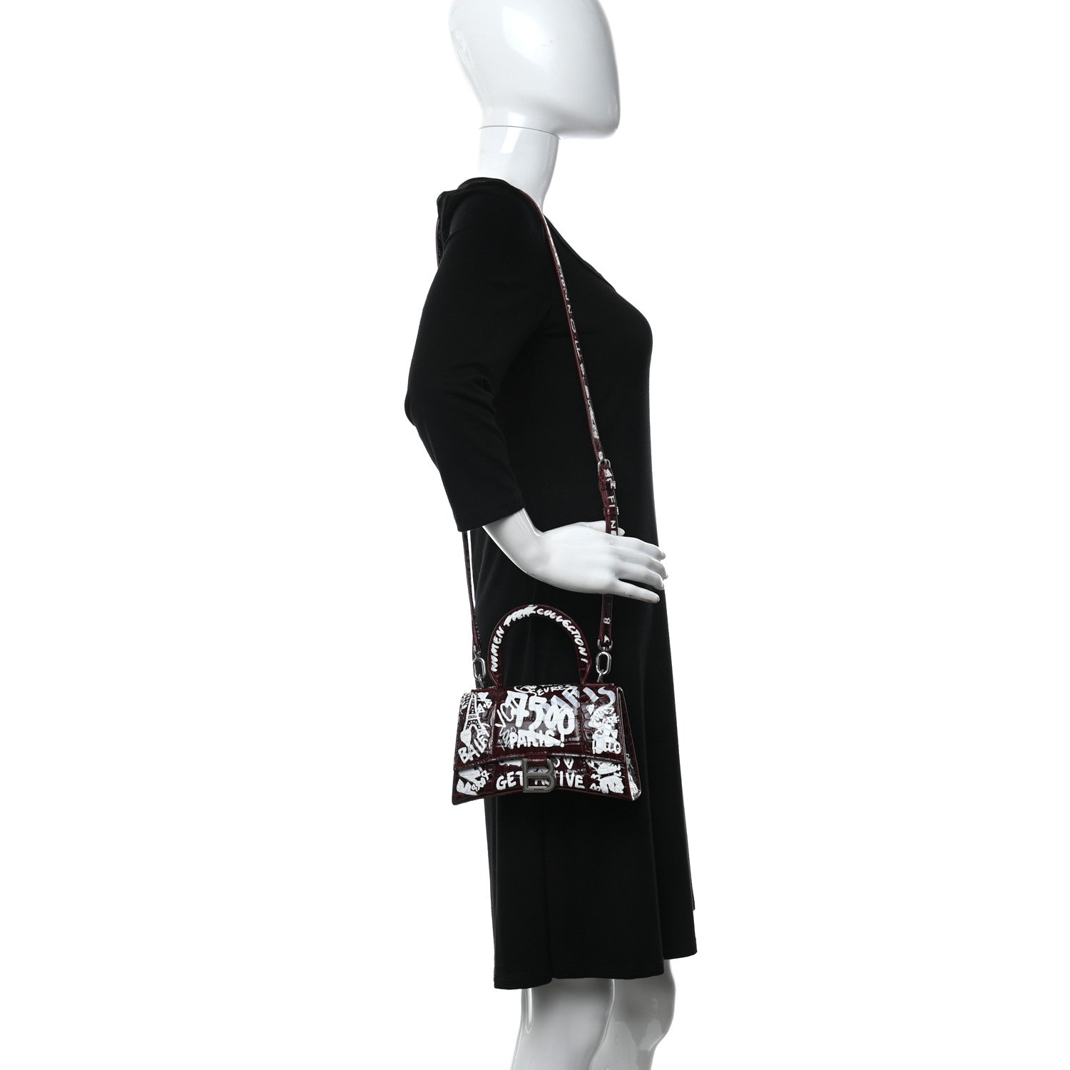 Balenciaga Calfskin Graffiti Crocodile Embossed Hourglass Top Handle Bag XS Dark Red White 2 of 9