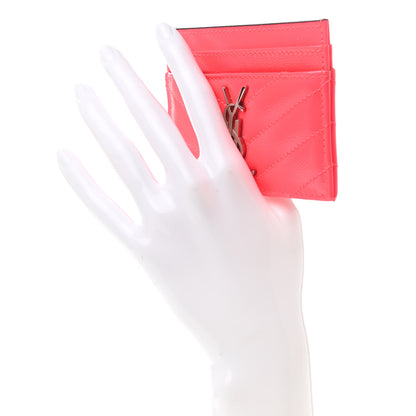 Saint Laurent Grain De Poudre Matelasse Chevron Monogram Credit Card Case Neon Pink 2 of 7