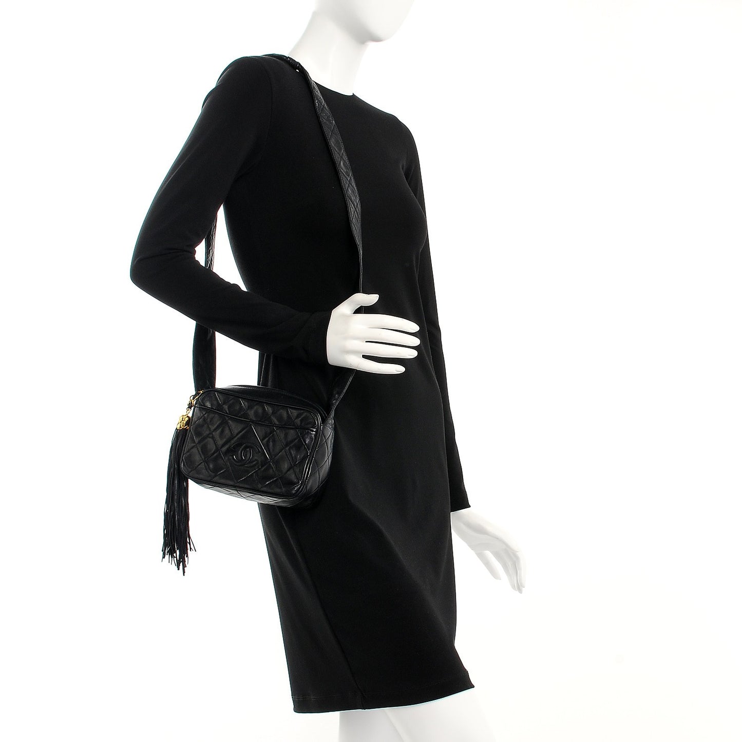 Lambskin Quilted Tassel Camera Case Black