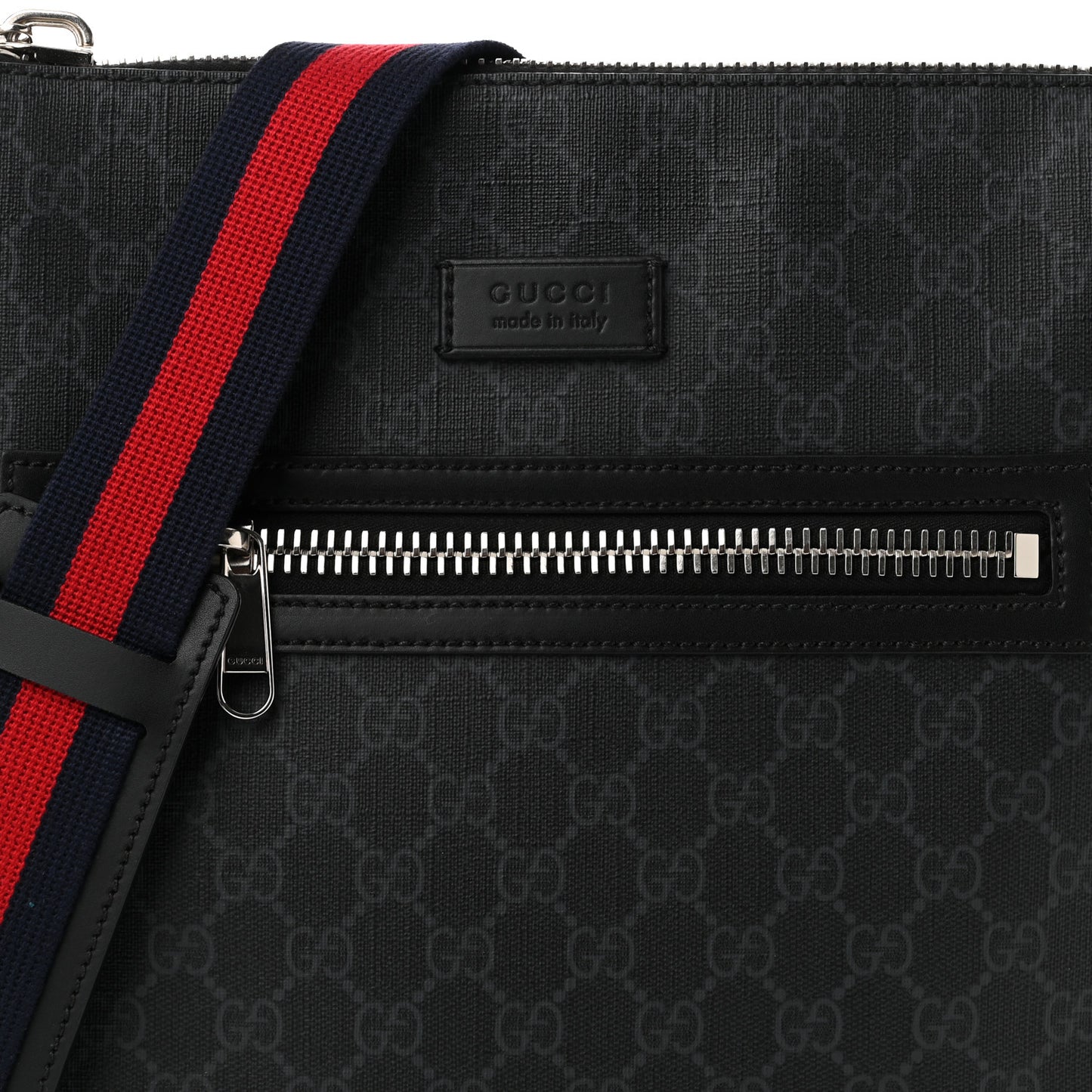 GG Supreme Monogram Appia Calfskin Web Flat Messenger Bag Black Grey