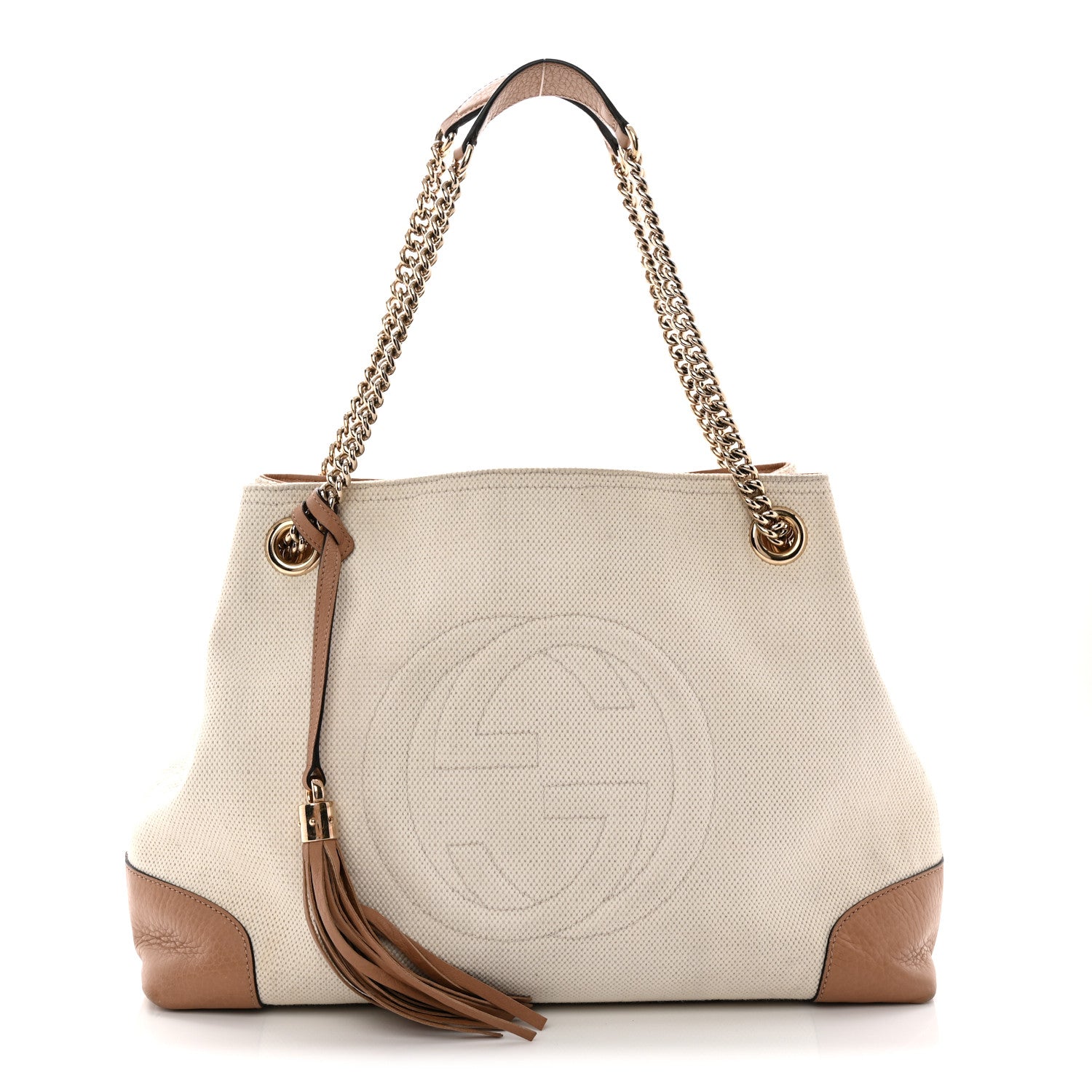 Gucci Linen Canvas Pebbled Calfskin Medium Soho Chain Shoulder Bag White Camelia 1 of 13