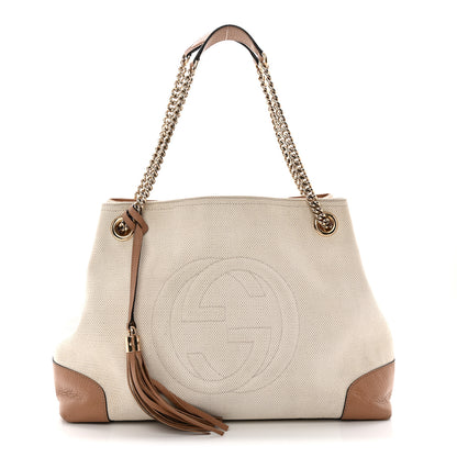 Gucci Linen Canvas Pebbled Calfskin Medium Soho Chain Shoulder Bag White Camelia 1 of 13