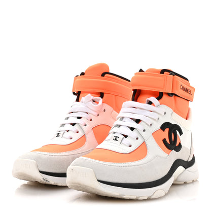 Chanel Suede Calfskin Lambskin Neoprene High Top CC Sneakers 37 White Fluo Orange 4 of 8