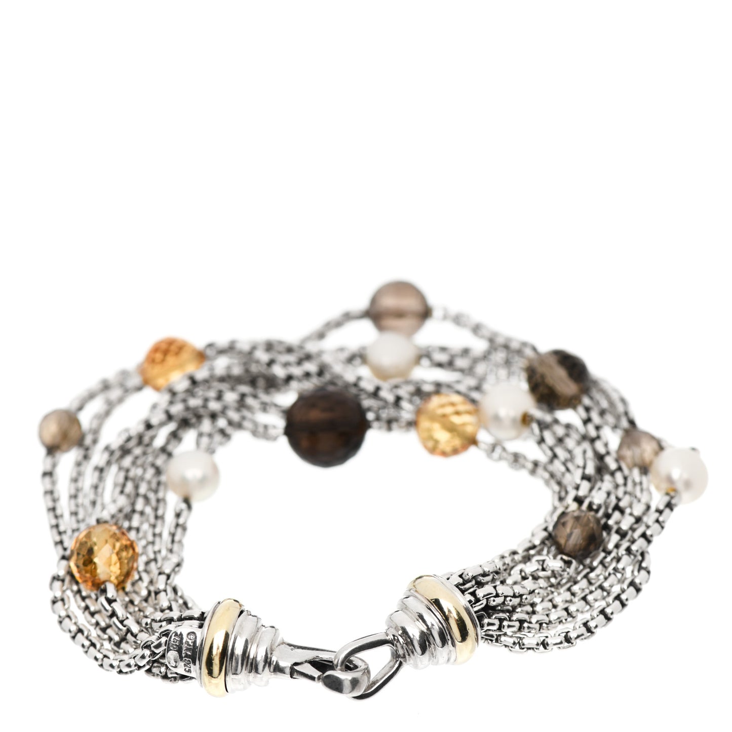 Sterling Silver 18K Yellow Gold Citrine Pearl Smoky Quartz Multi-Chain Bracelet