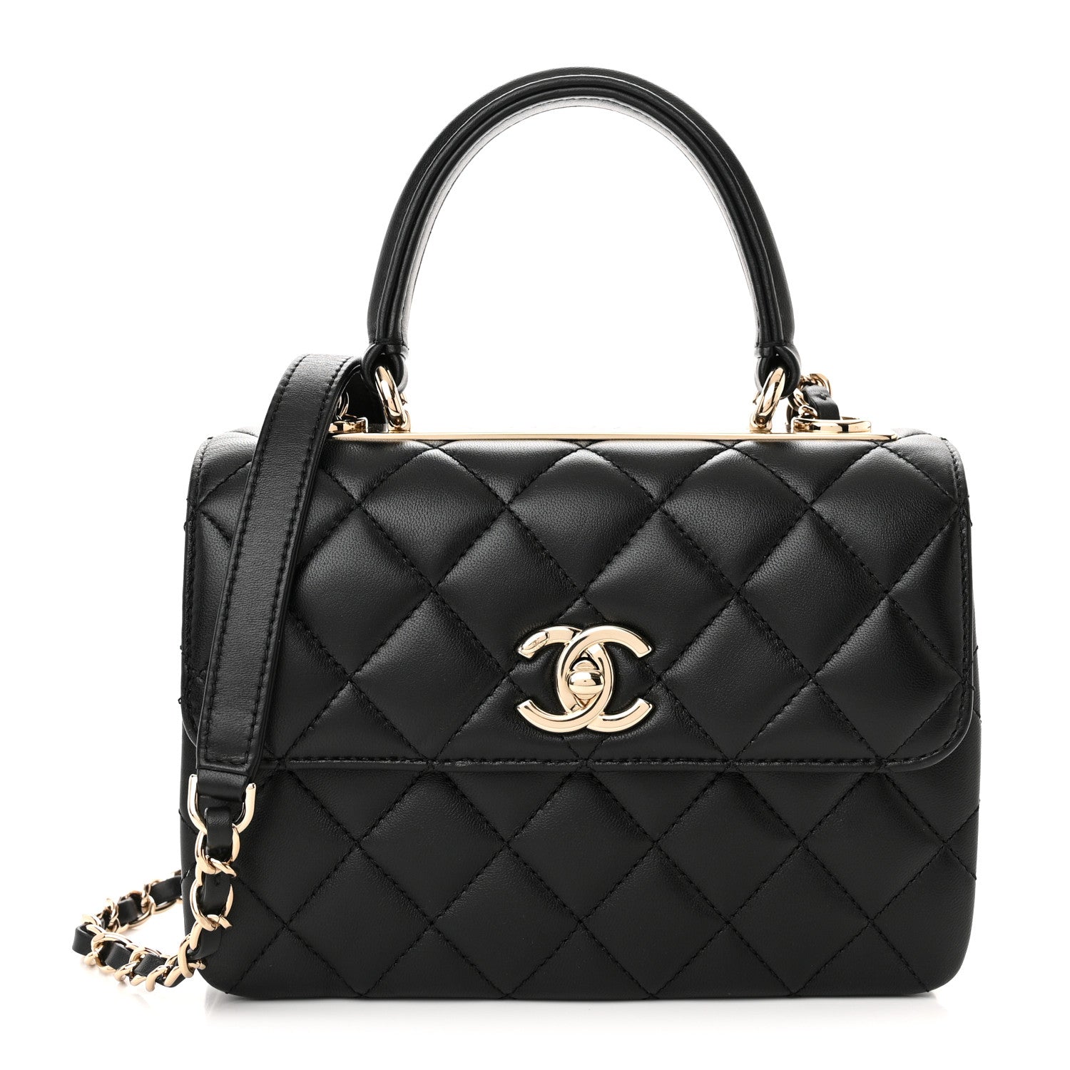 CHANEL Lambskin Quilted Mini Trendy CC Dual Handle Flap Bag in the color Black by FASHIONPHILE