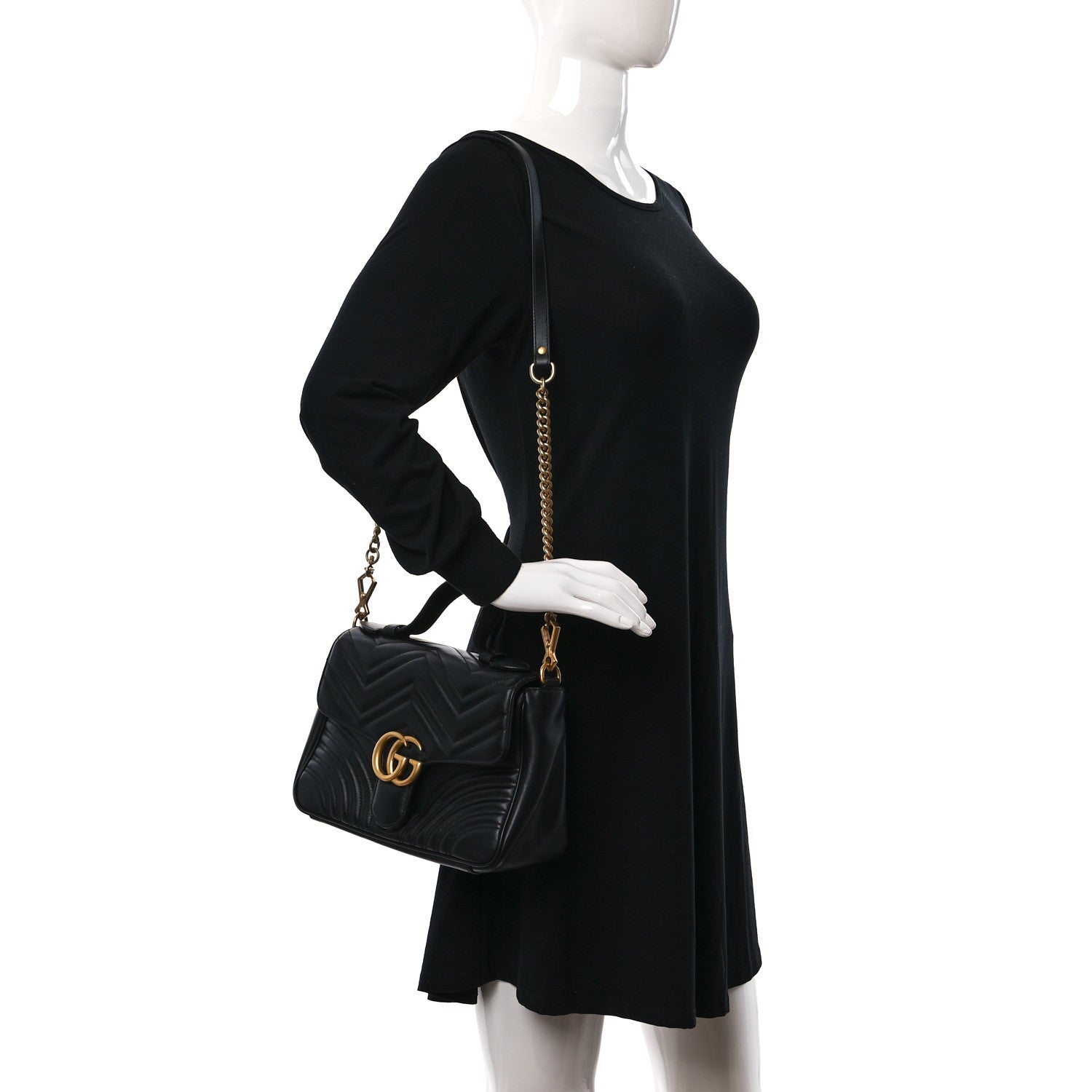 Gucci Calfskin Matelasse Small GG Marmont Top Handle Shoulder Bag Black 2 of 9