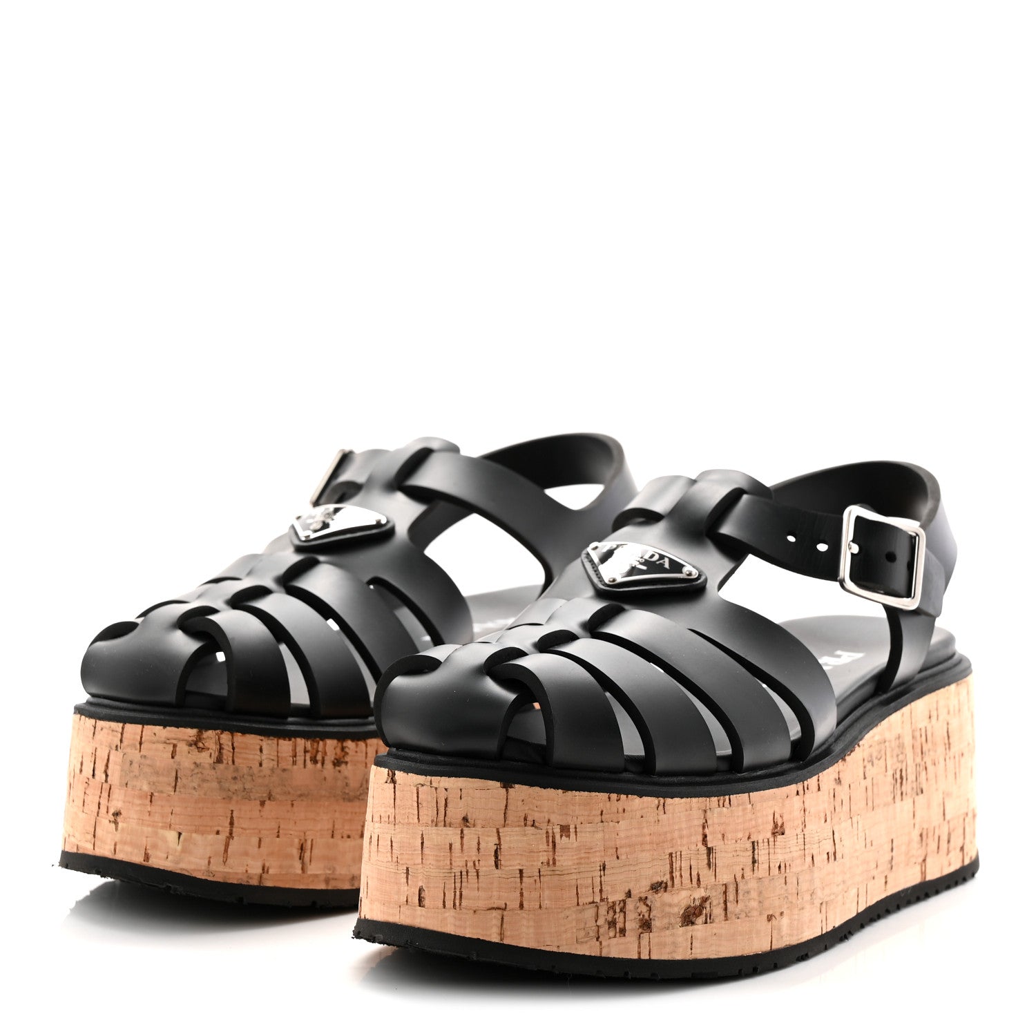 Prada Foam Rubber Cork Triangle Logo Platform Cage Sandals 38 Black 3 of 10