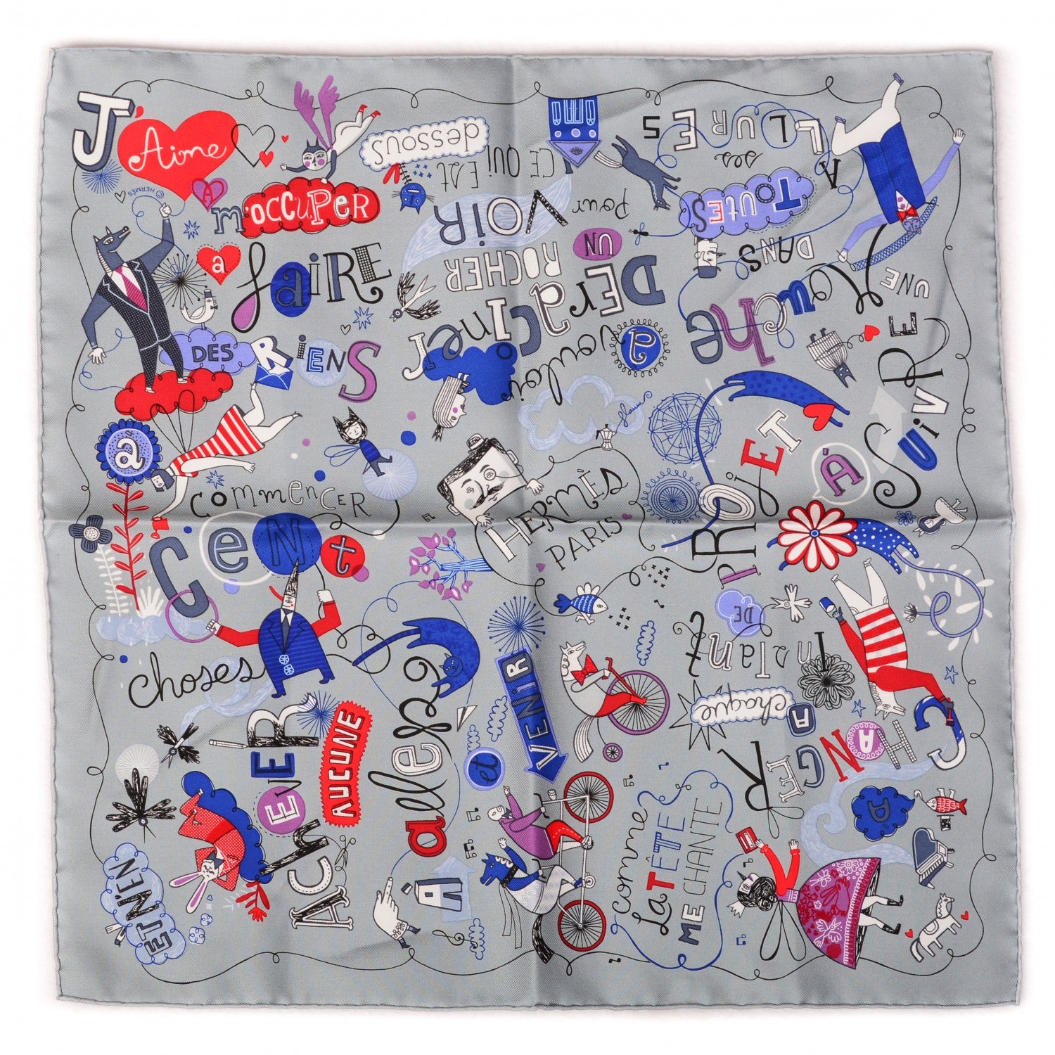 Hermes Silk Les Confessions Pocket Square Gris Bleu Rouge 2 of 4