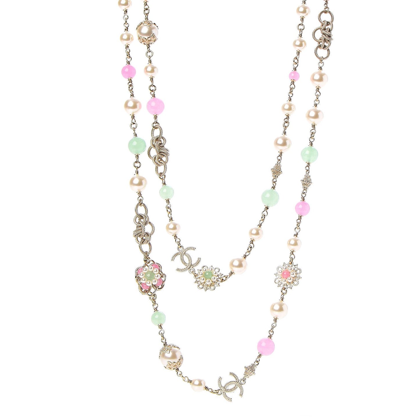 Pearl Beaded CC Long Necklace Pink Green