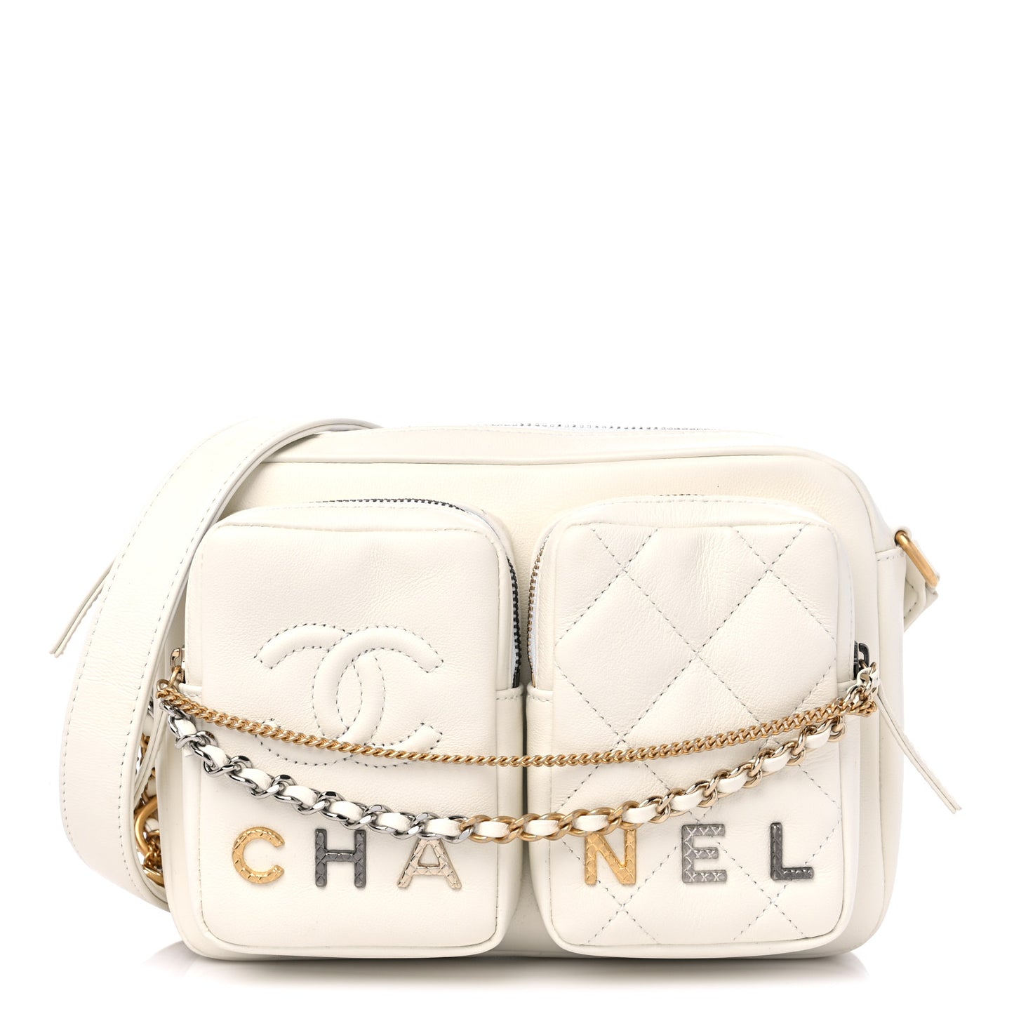 Calfskin Quilted Small Camera Case White