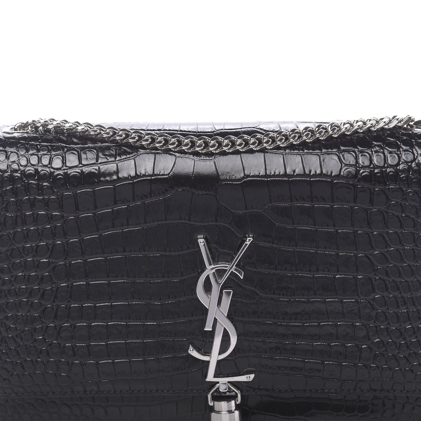 Calfskin Crocodile Embossed Medium Classic Monogram Kate Tassel Satchel Black