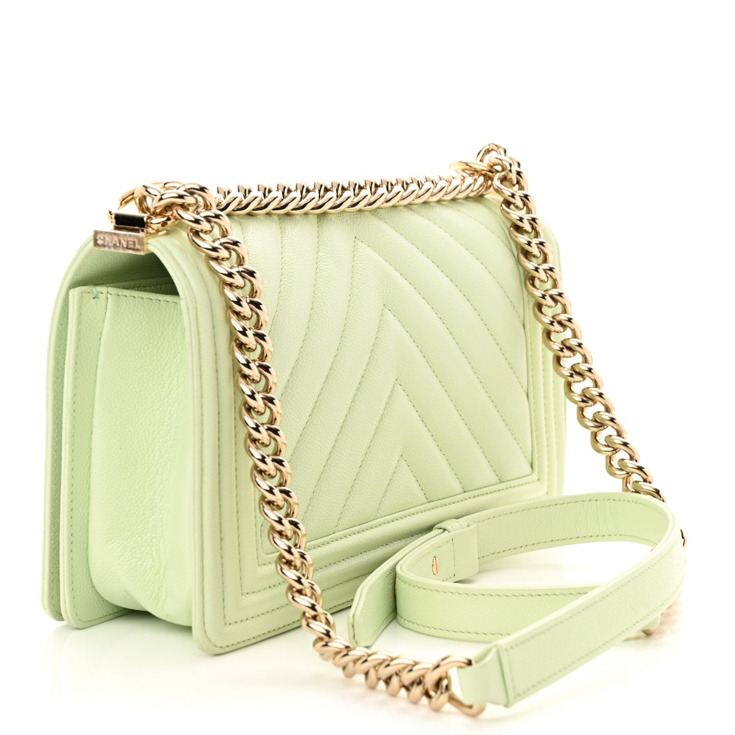 Caviar Chevron Quilted Medium Boy Flap Light Green