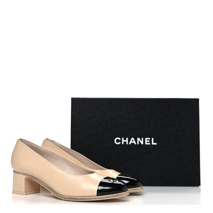 Chanel Calfskin Patent Cap Toe CC Pumps 39.5 Light Beige Black 12 of 12