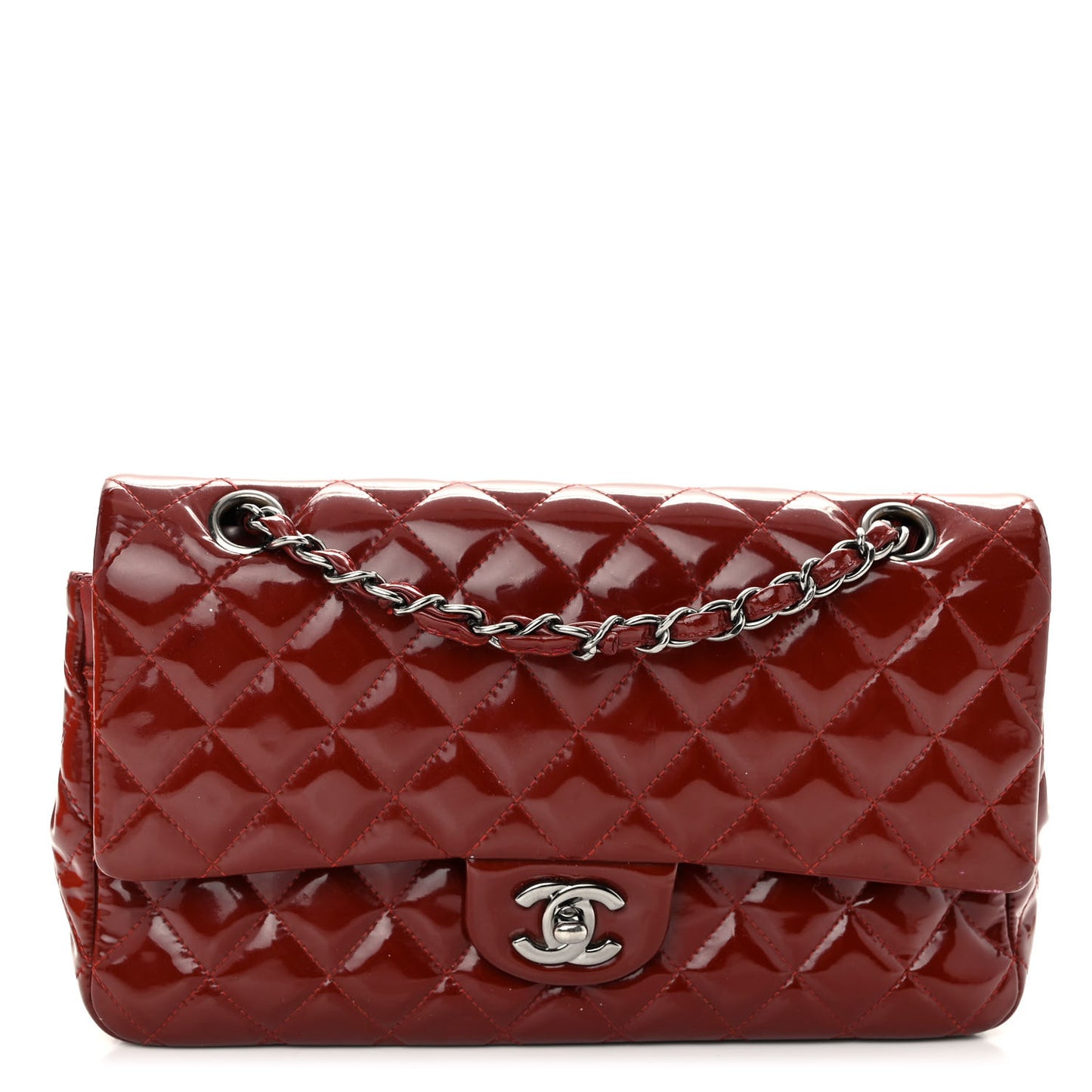 Patent Calfskin Quilted Medium Double Flap Dark Red