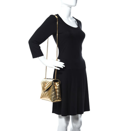 Saint Laurent Snake Embossed Lame Y Quilted Small Loulou Monogram Chain Satchel Oro 2 of 8