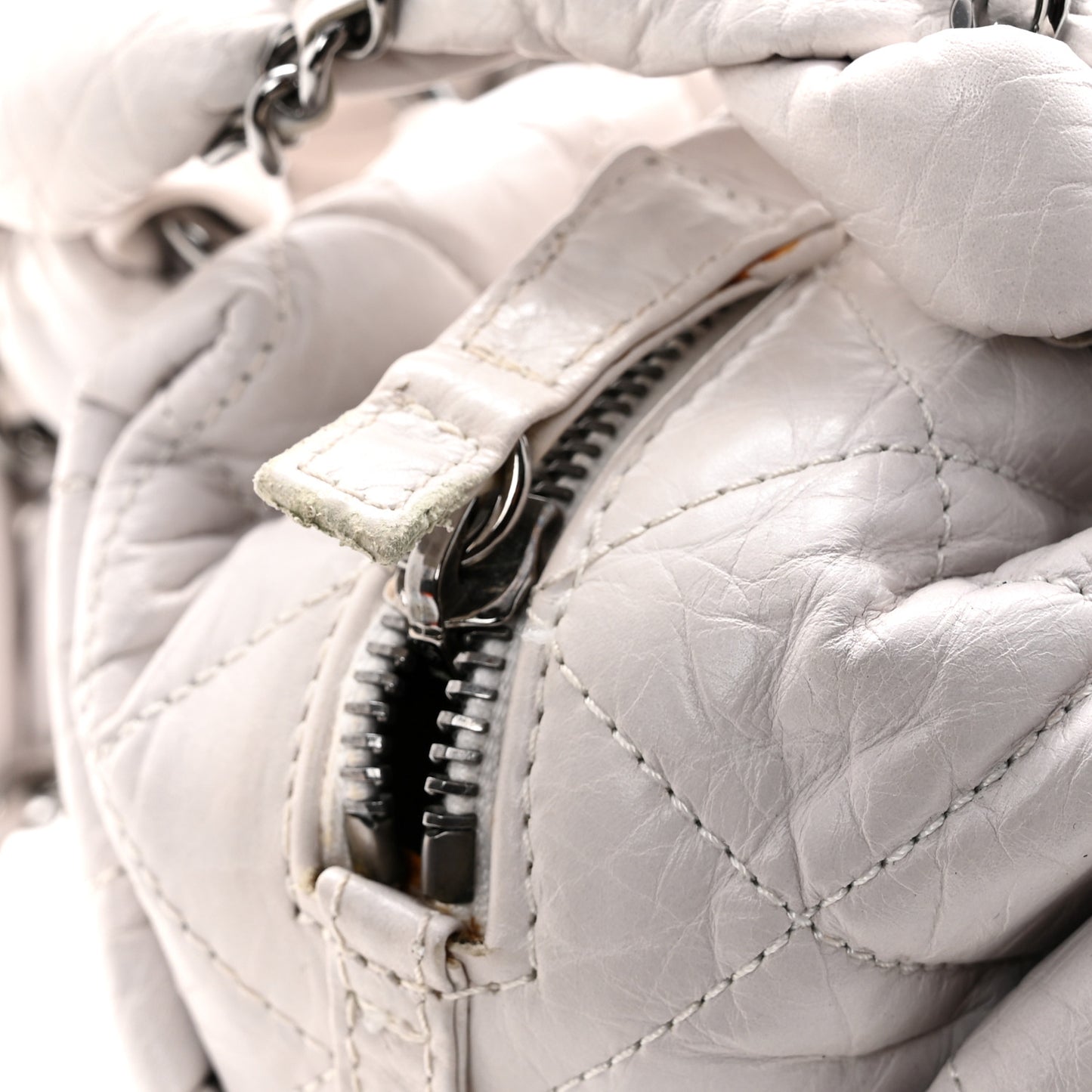 Distressed Lambskin Vintage Ligne Lady Braid Small Tote White