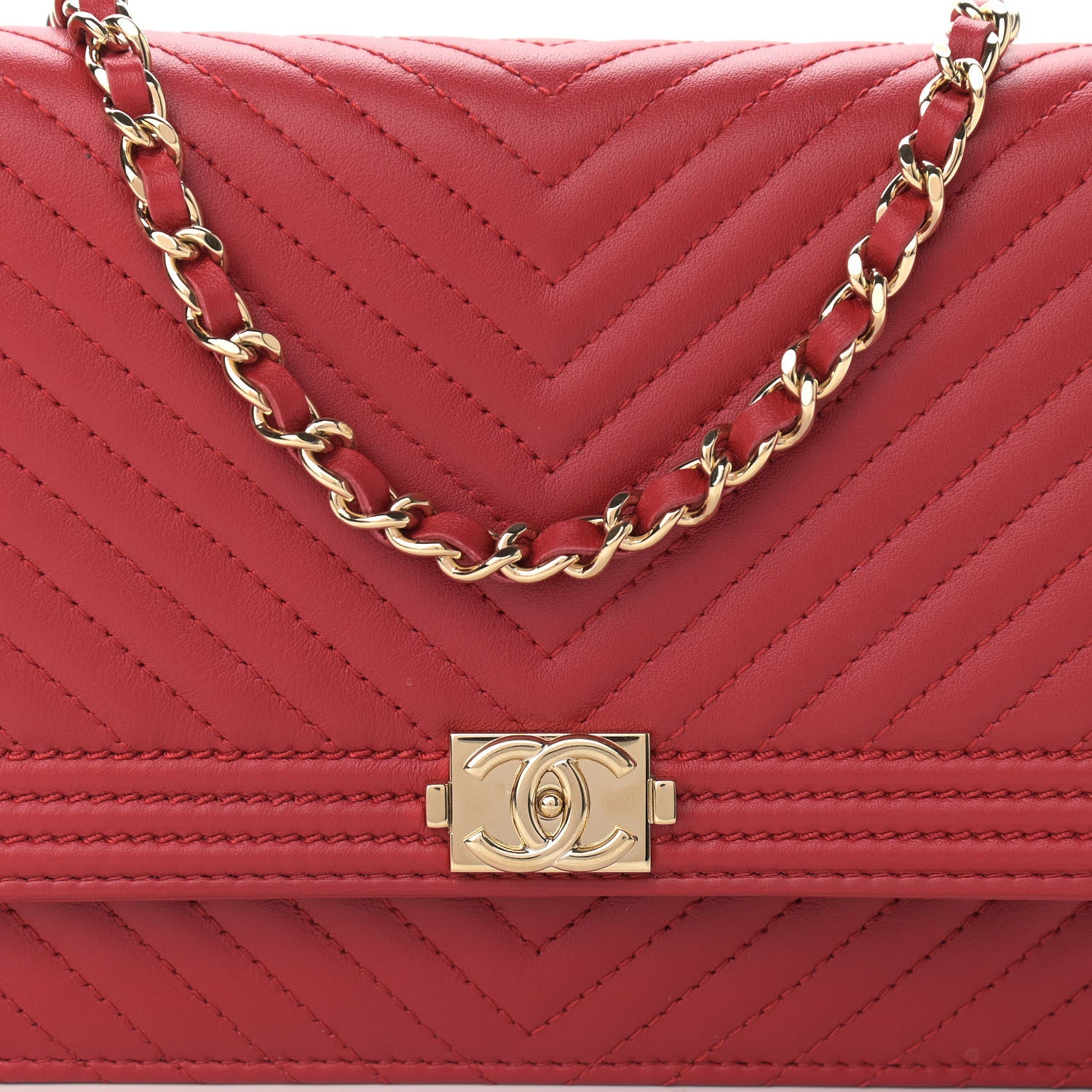 Chanel Lambskin Chevron Quilted Boy Wallet On Chain WOC Red 11 of 13