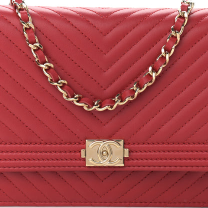 Chanel Lambskin Chevron Quilted Boy Wallet On Chain WOC Red 11 of 13