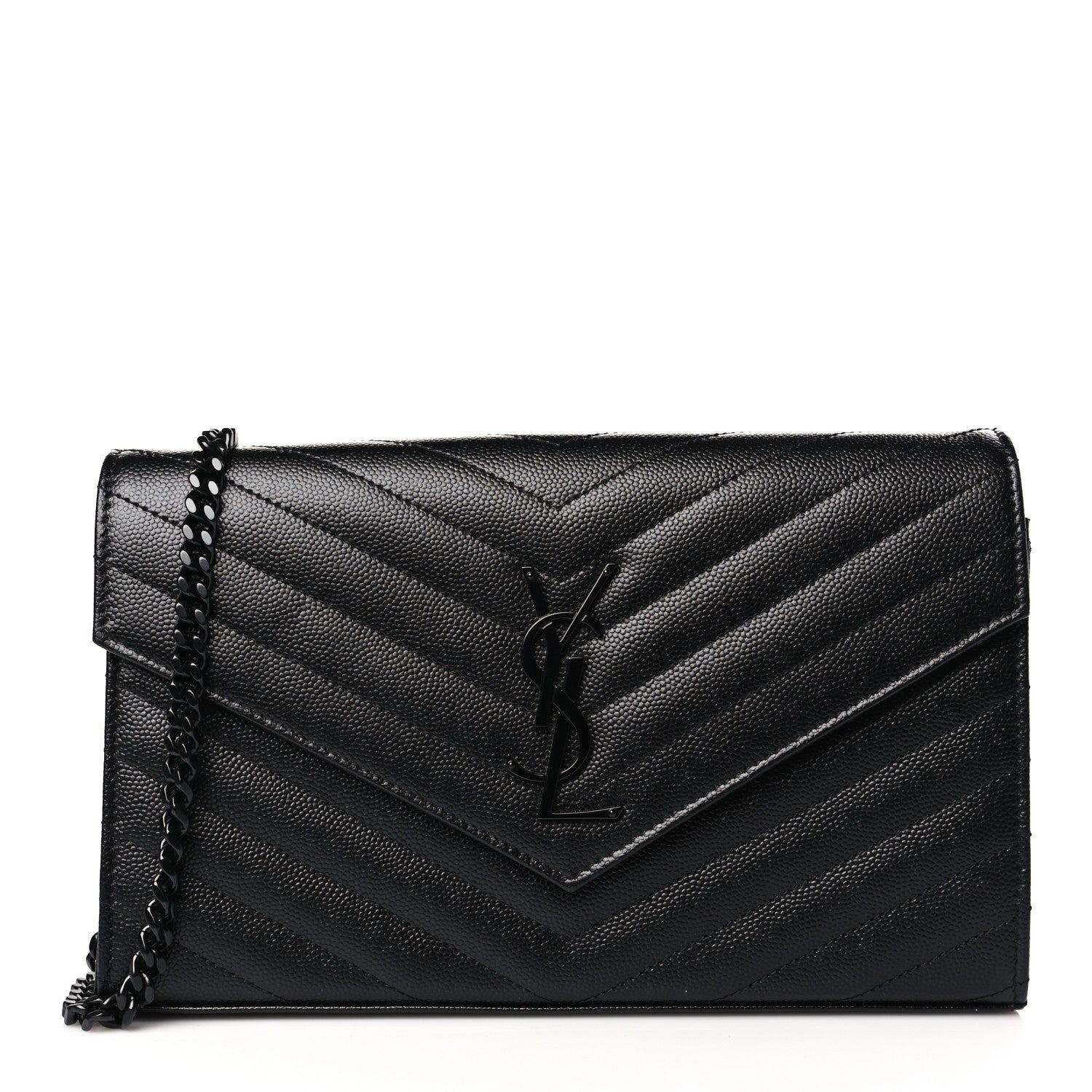 Saint Laurent Grain De Poudre Matelasse Chevron Monogram Monochrome Chain Wallet Black 1 of 9
