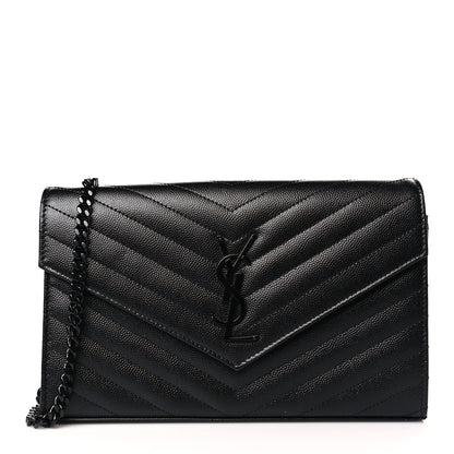 Saint Laurent Grain De Poudre Matelasse Chevron Monogram Monochrome Chain Wallet Black 1 of 9