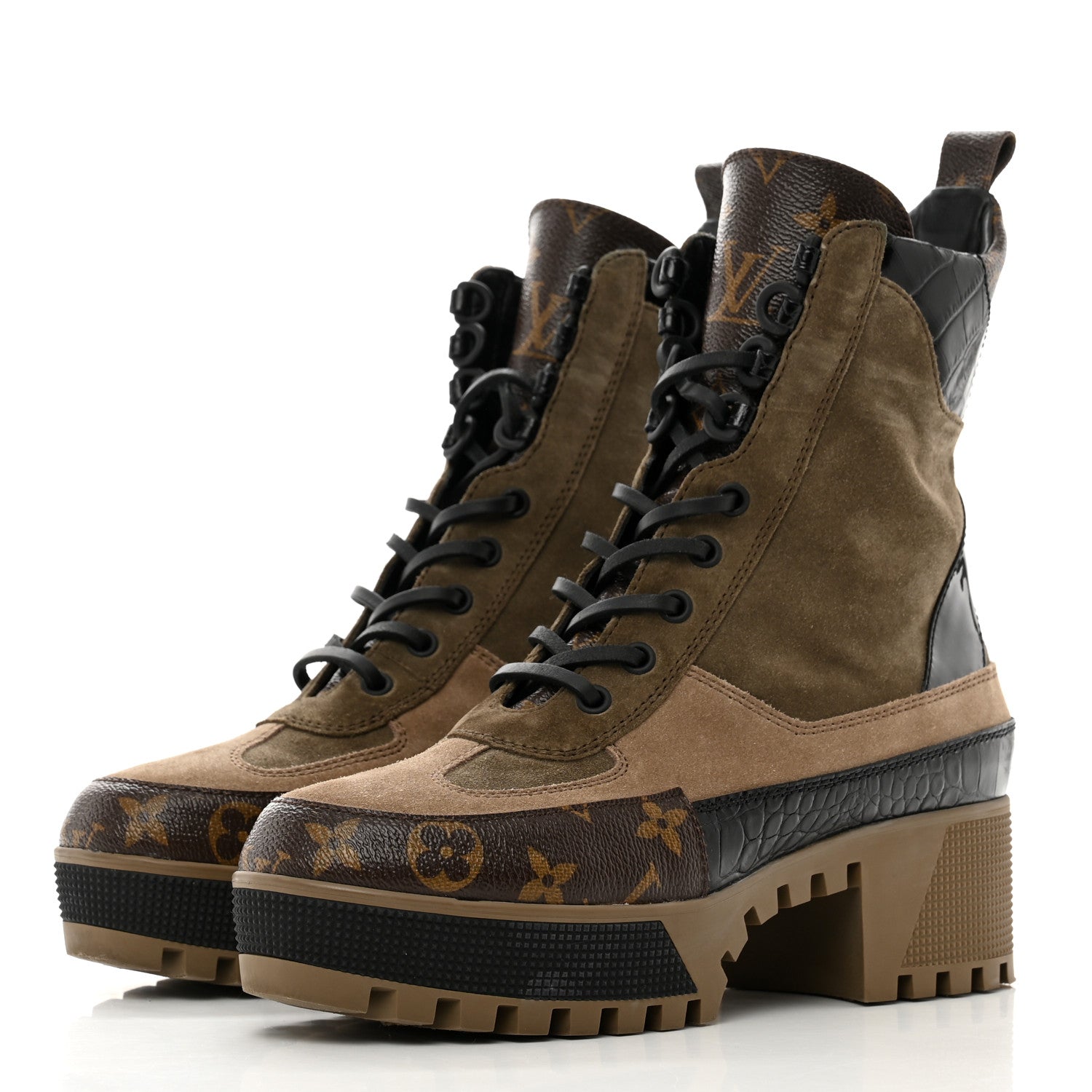 Louis Vuitton Suede Calfskin Crocodile Embossed Patent Monogram Laureate Platform Desert Boots 38 Taupe 3 of 8