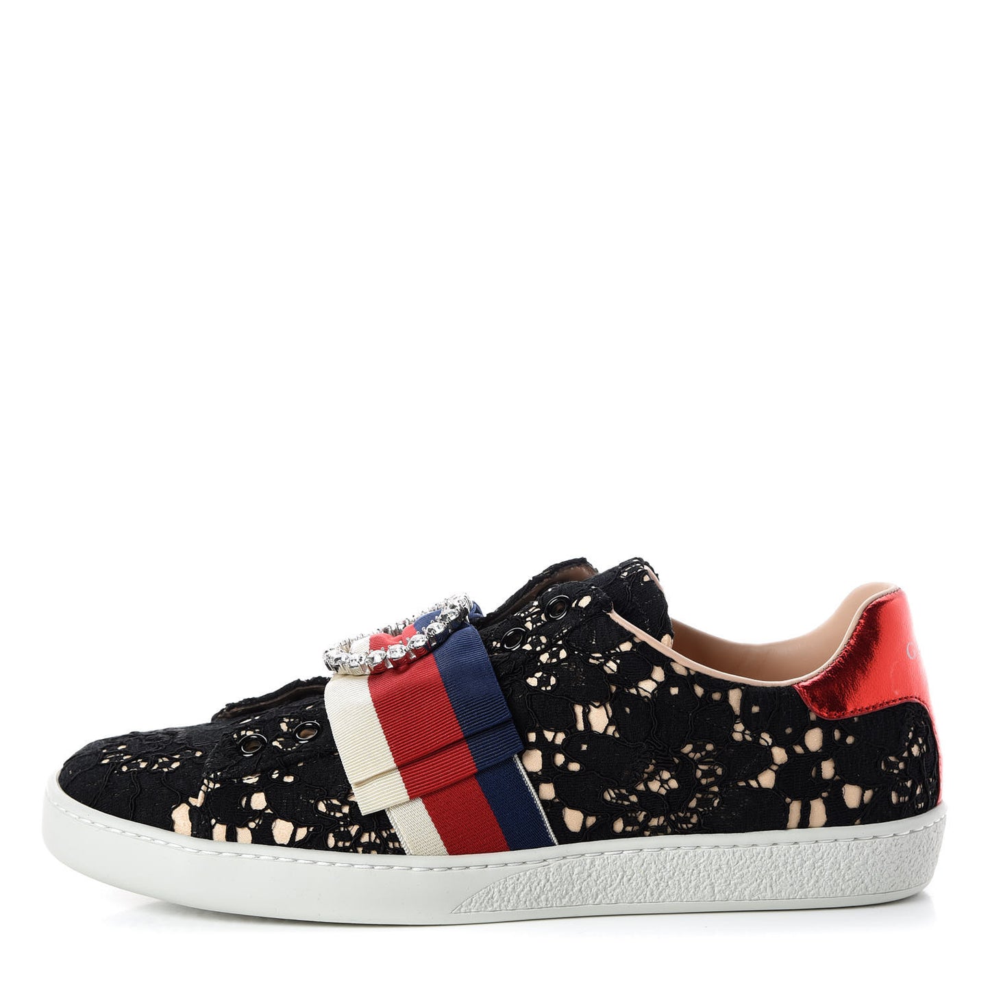 Lace Crystal Sylvie Web Flower Leaf Womens Ace Sneakers 37.5 Black Tan Beige