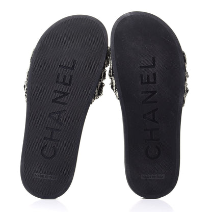 Chanel Tweed Lambskin Chain Flat Sandals 36 White Black 6 of 10