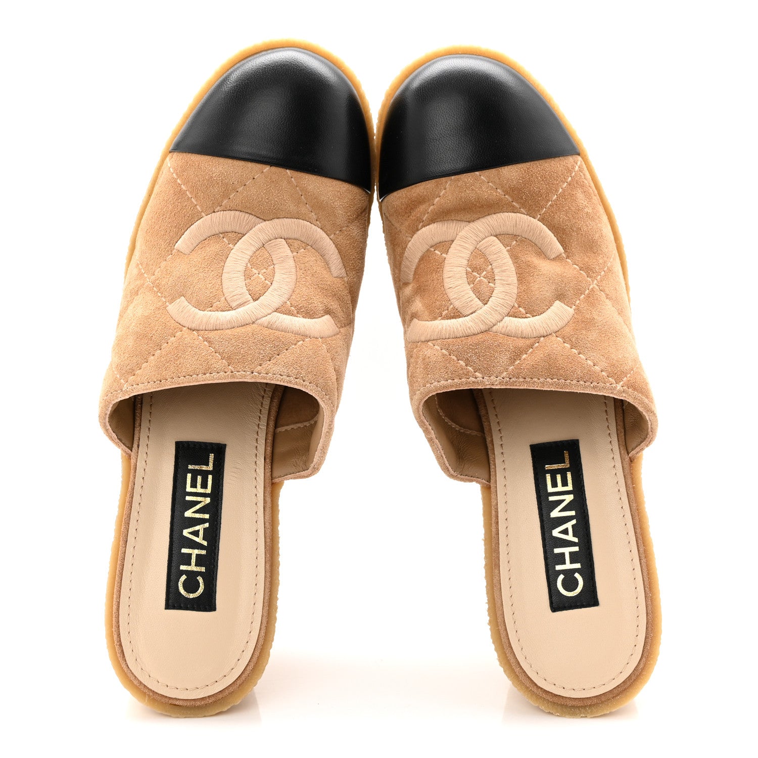 Chanel Suede Calfskin Lambskin Quilted CC Mules 40 Beige Black 2 of 10