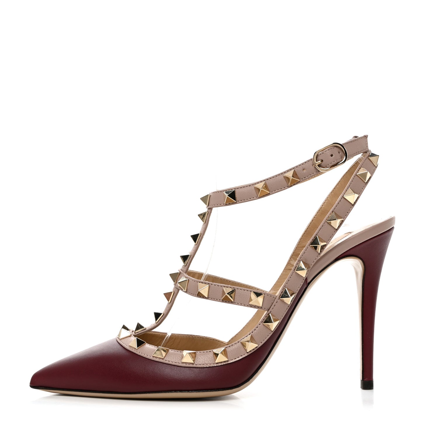 Calfskin Nappa Rockstud Ankle Strap 100mm Pumps 38 Rubin Poudre