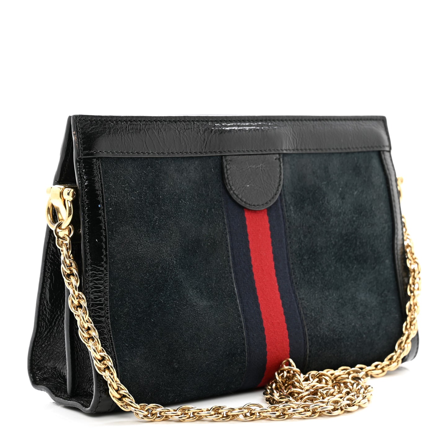 Suede Patent Web Dragon Embroidered Small Ophidia Chain Shoulder Bag Blue Black