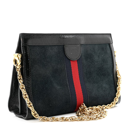 Gucci Suede Patent Web Dragon Embroidered Small Ophidia Chain Shoulder Bag Blue Black 3 of 11