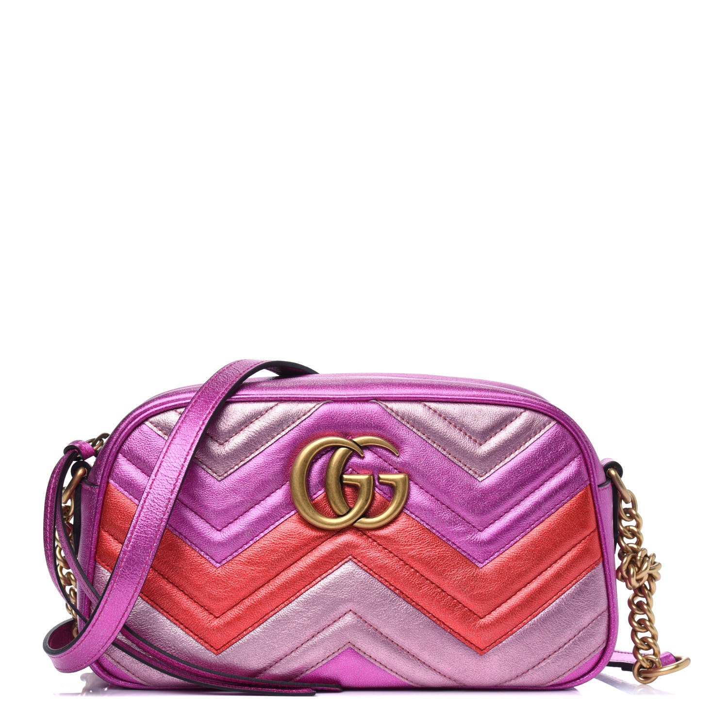 Gucci Laminated Nappa Matelasse Small GG Marmont Chain Shoulder Bag Fuxia Rosso Rosa 1 of 10