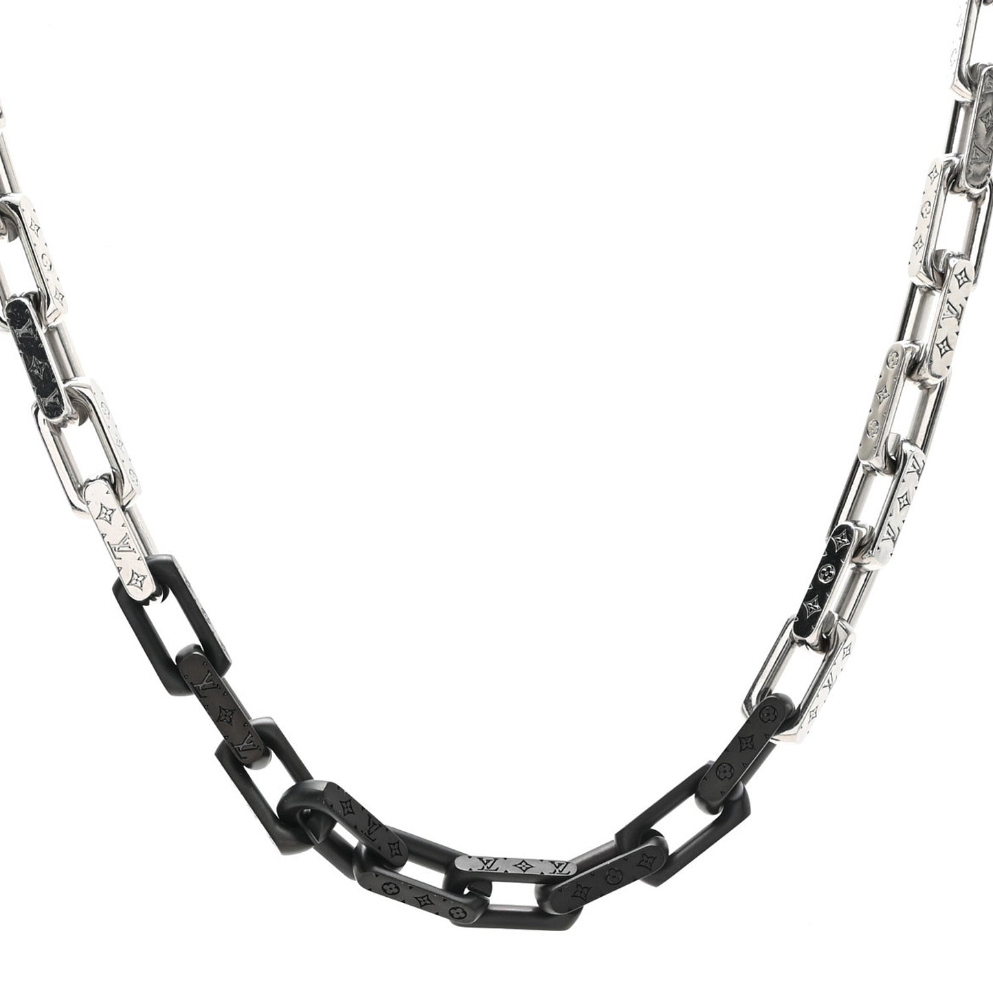 Metal Engraved Monogram Chain Necklace Silver Black