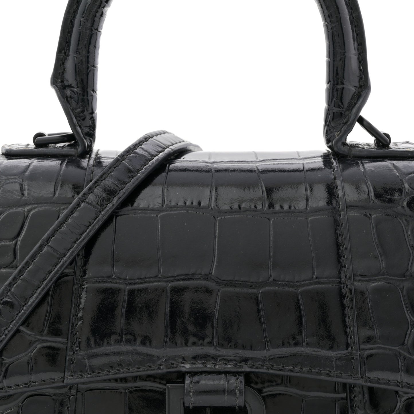 Shiny Calfskin Monochrome Crocodile Embossed Hourglass Top Handle Bag XS Black