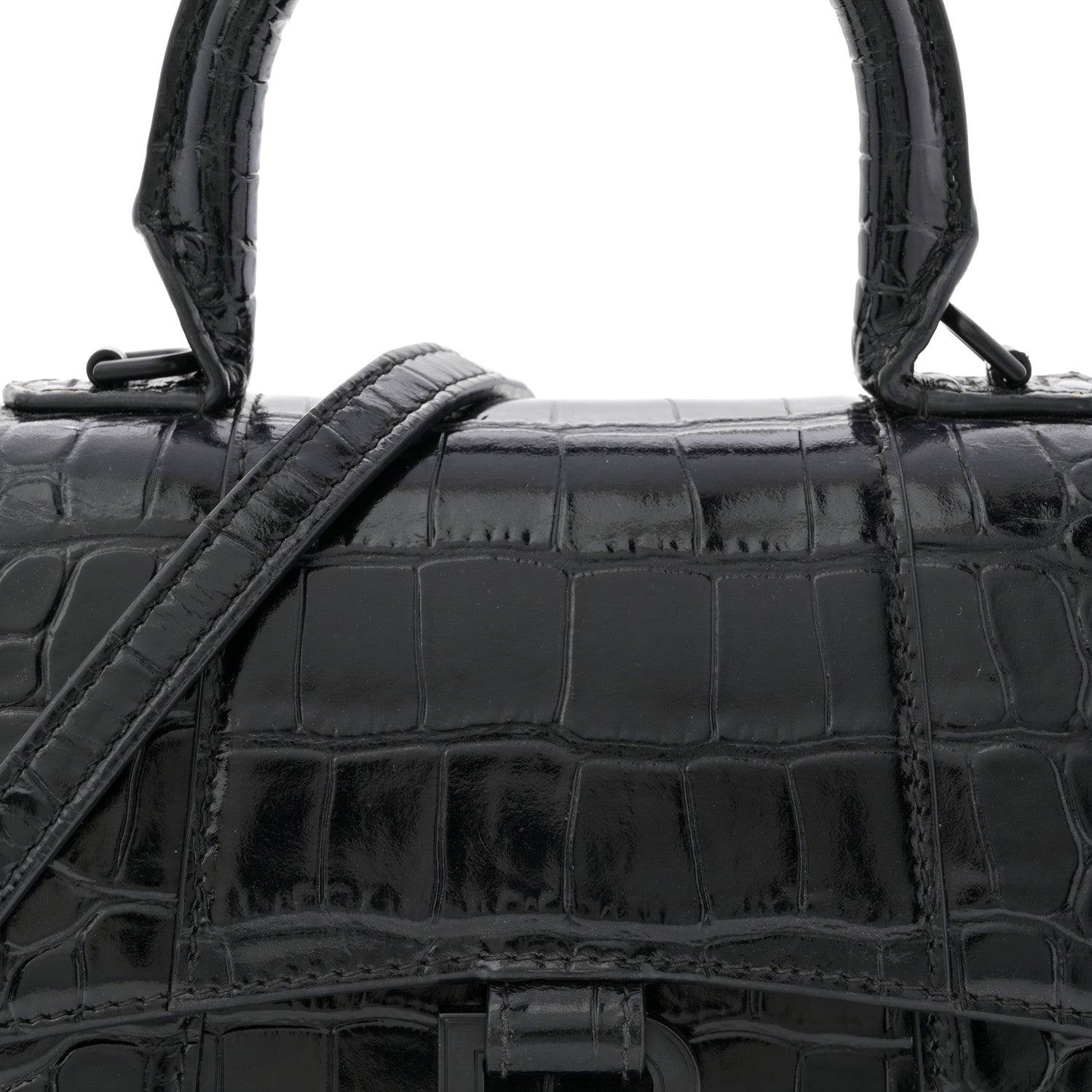 Balenciaga Shiny Calfskin Monochrome Crocodile Embossed Hourglass Top Handle Bag XS Black 8 of 12
