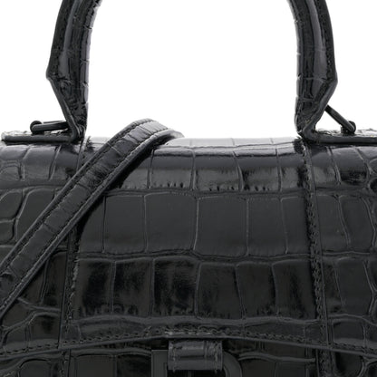 Balenciaga Shiny Calfskin Monochrome Crocodile Embossed Hourglass Top Handle Bag XS Black 8 of 12
