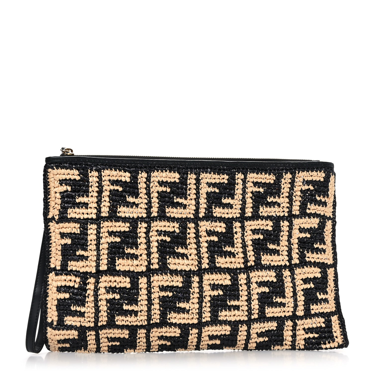 Fendi Raffia FF 1974 Large Flat Pouch Black Natural 1 of 6