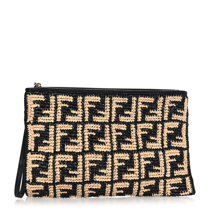 Fendi Raffia FF 1974 Large Flat Pouch Black Natural 1 of 6