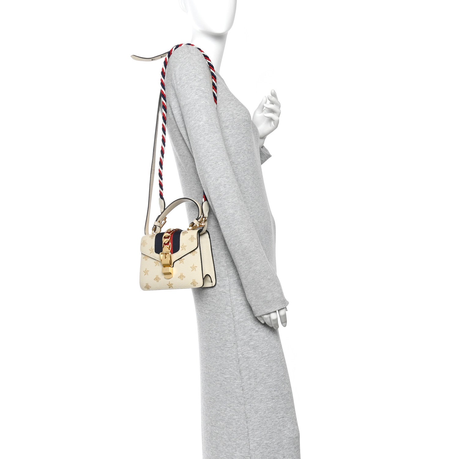 Gucci Textured Calfskin Bee Star Print Mini Sylvie Top Handle Bag Mystic White 2 of 16