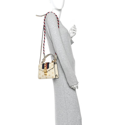 Gucci Textured Calfskin Bee Star Print Mini Sylvie Top Handle Bag Mystic White 2 of 16