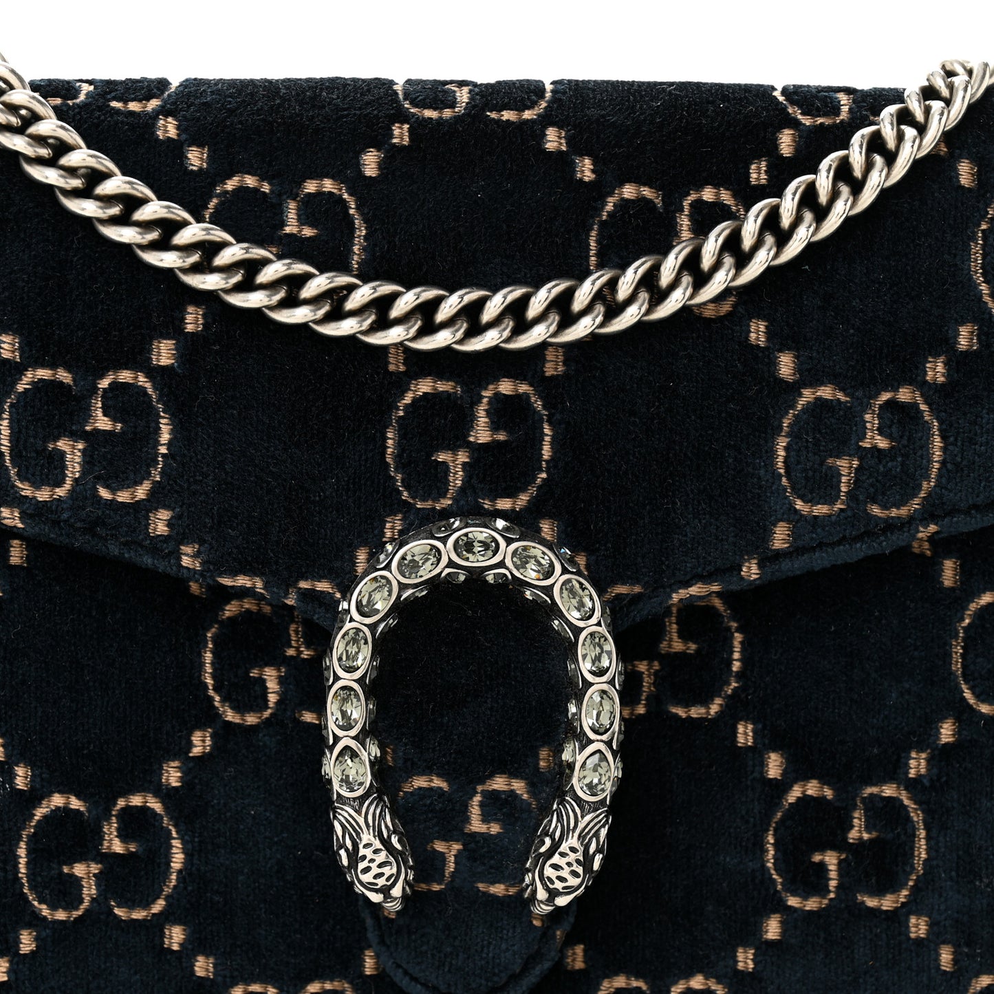 Velvet Crystal GG Monogram Mini Dionysus Chain Wallet Blue Beige Black