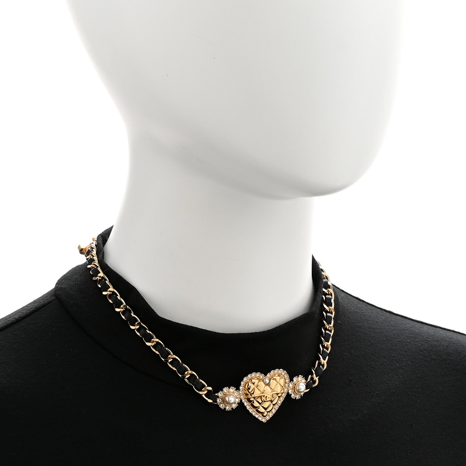 Chanel Metal Lambskin Glass Pearl Strass Heart Choker Gold Black 2 of 6