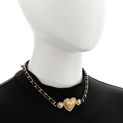 Chanel Metal Lambskin Glass Pearl Strass Heart Choker Gold Black 2 of 6