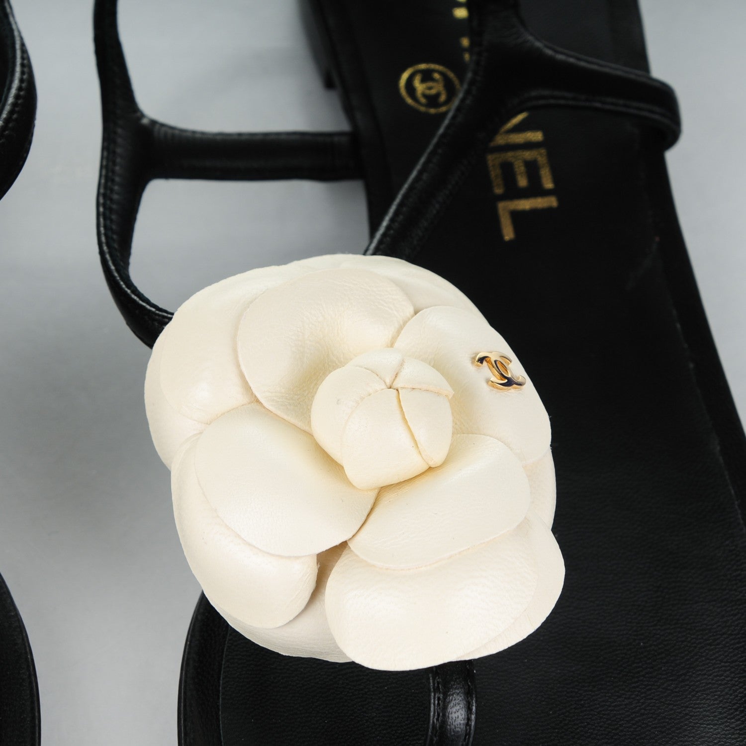Chanel Lambskin Camellia Thong Sandals 36 Black White 9 of 9